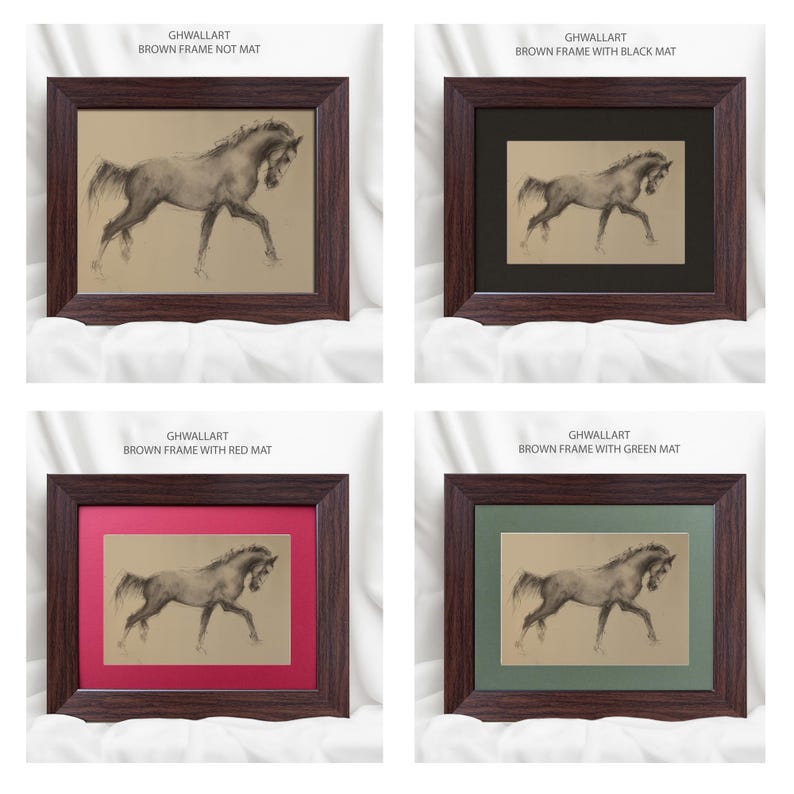 May include: Four framed horse art prints. Each print features a charcoal drawing of a horse in motion. The frames are dark brown, with options for a black, red, green, or no mat. The text "GHWALLART" and frame descriptions are visible.