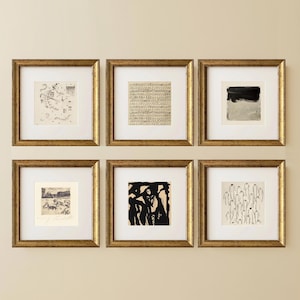 May include: A set of six square wall art pieces in gold frames with white matting. The prints feature various black and white abstract ink drawings, including line work, geometric shapes, landscape sketches, and stylized human figures on paper.