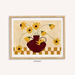 Natura morta con girasoli incorniciata, dipinto floreale giallo rustico con vaso bordeaux, stampa da parete calda in stile country, decorazione da cucina