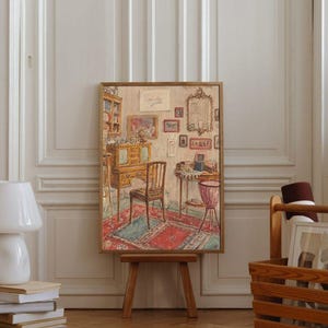 May include: A framed painting of a vintage interior scene, depicting a room with furniture, rugs, and artwork. The painting is displayed on a wooden easel. A white lamp and a wooden crate are in the foreground.