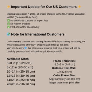 May include: Text on a beige background provides an important update for US customers, including DDP shipping. It lists available sizes: 6x8 in, 8x12 in, 10x14 in, 12x16 in, 14x20 in, and 20x28 in. Also includes frame thickness and distance from the wall.