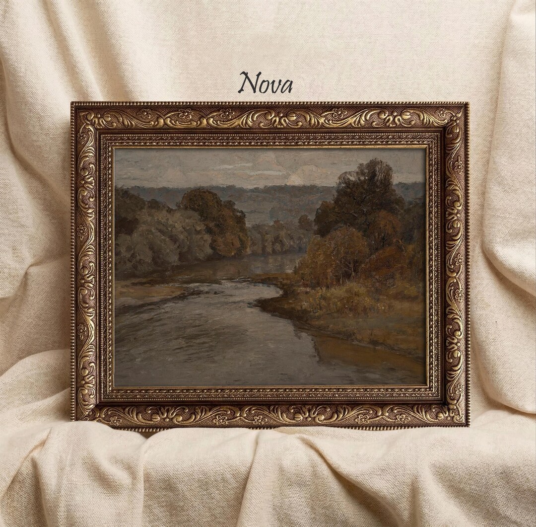 Framed Vintage River Landscape Oil Painting Moody Nature Art Gold Frame ...
