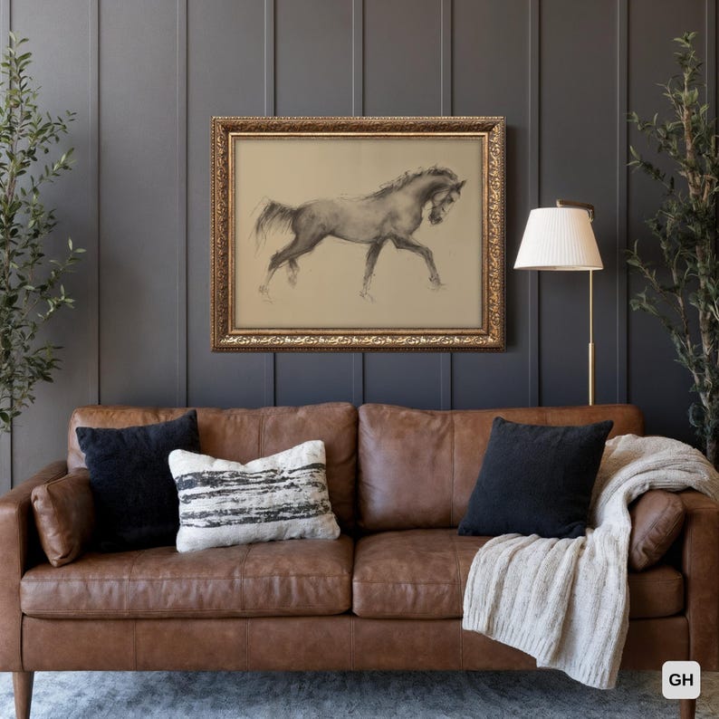Vintage Horse Charcoal Sketch: Antique Gold Framed Art Print image 4