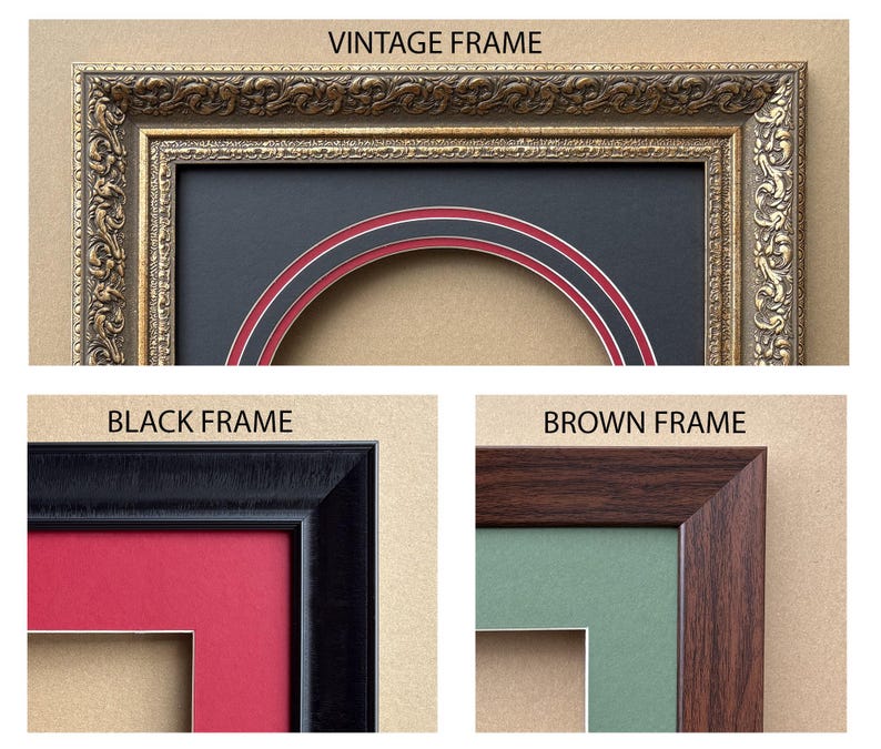 May include: Image showcasing three different picture frames. The top frame is a vintage gold with ornate detailing. Below are a black frame with a red mat and a brown frame with a green mat. Text on the image reads "VINTAGE FRAME", "BLACK FRAME", and "BROWN FRAME".