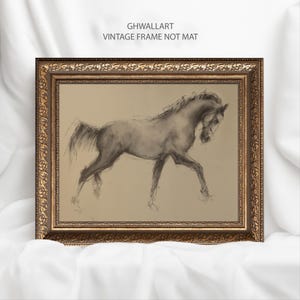 May include: A framed charcoal drawing of a horse in motion. The artwork is in a gold ornate frame. The text "GHWALLART VINTAGE FRAME NOT MAT" is printed at the top of the image.
