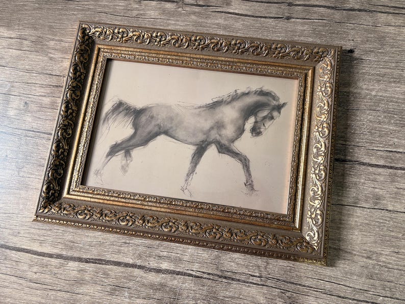 Vintage Horse Charcoal Sketch: Antique Gold Framed Art Print image 5