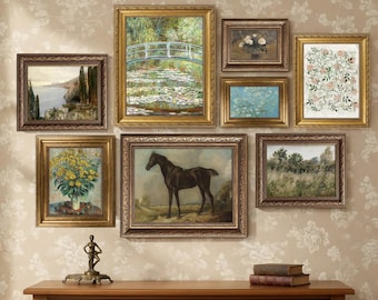 Gallery Wall Set of 8 Vintage Framed Art Prints Monet Bridge Black Horse Coastal Landscape Flowers Botanical Antique Wall Decor
