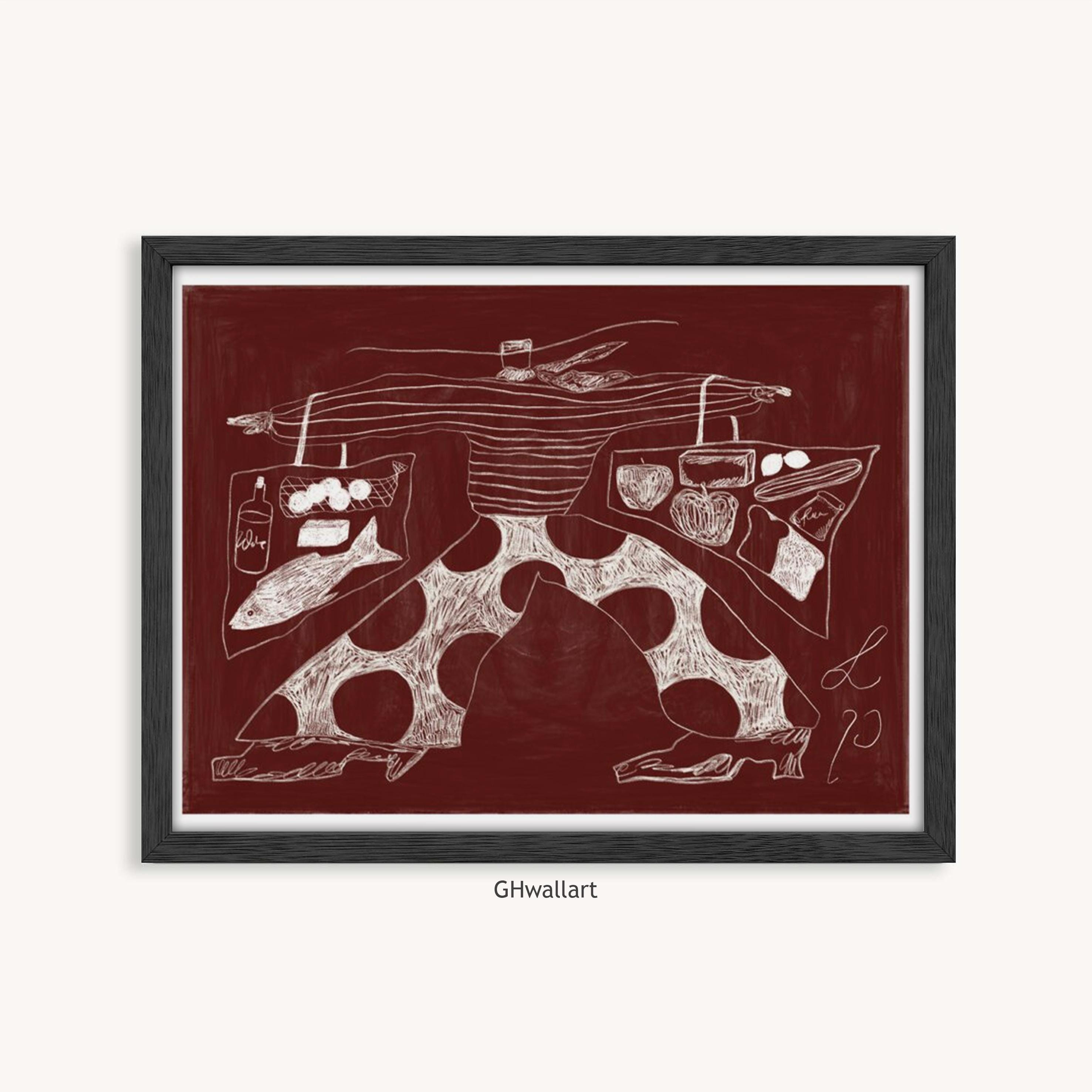 Framed Abstract Sketch Print, Red Background Surreal Drawing, Whimsical Line Art Composition, Modern Minimal Figurative Poster