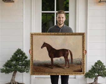 Vintage Horse Oil Painting, Antique Equestrian Art in Gold Frame