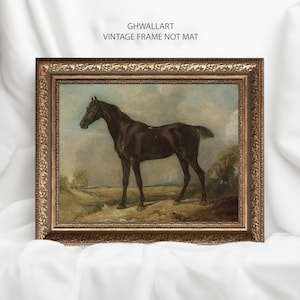 May include: A framed vintage painting of a dark brown horse standing in a field. The artwork has a gold ornate frame and the text "GHWALLART VINTAGE FRAME NOT MAT" at the top.