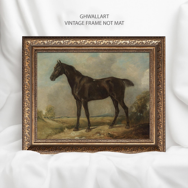 May include: A framed vintage painting of a dark brown horse standing in a field. The artwork has a gold ornate frame and the text "GHWALLART VINTAGE FRAME NOT MAT" at the top.