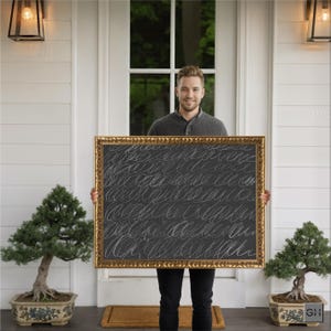 Peut inclure: Un tableau noir encadré d'une bordure dorée ornée, rempli de lignes blanches griffonnées, est tenu par une personne. L'arrière-plan présente une porte blanche, deux bonsaïs dans des pots décoratifs et un éclairage extérieur.