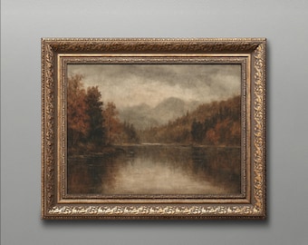 Vintage Mountain Lake Art: Rustic Autumn Landscape in Antique Gold Frame