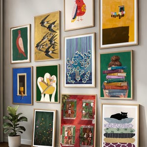 Eclectische ingelijste muurkunstset, Nature Lifestyle Gallery-bundel, grappige illustraties