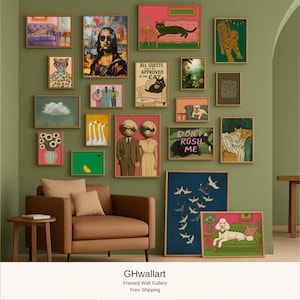 May include: A gallery wall featuring framed art prints with diverse themes, such as a Mona Lisa portrait, cat-themed illustrations, and abstract art. The prints are displayed on a green wall above a brown armchair.