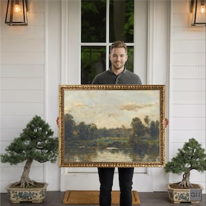 Peinture de rivière vintage encadrée | Impression de paysage de campagne | Décoration de salon