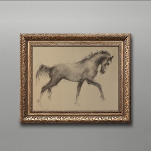 Vintage Horse Drawing Framed Art, Single Horse Charcoal Sketch, Antique Gold Framed Art Print, Classic Equine Wall Decor