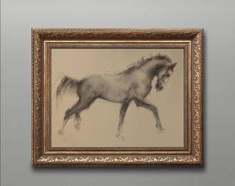 Vintage Horse Charcoal Sketch: Antique Gold Framed Art Print