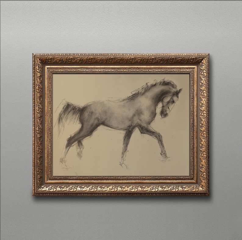 Vintage Horse Drawing Framed Art, Single Horse Charcoal Sketch, Antique Gold Framed Art Print, Classic Equine Wall Decor