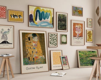Set met ingelijste galeriewand: op Klimt & Klee geïnspireerd, eclectisch decor