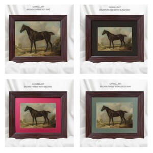 May include: Four framed horse art prints. Each print features a dark horse in a landscape setting. The frames are brown, with options including no mat, black mat, red mat, and green mat. The text "GHWALLART" is visible on each frame.