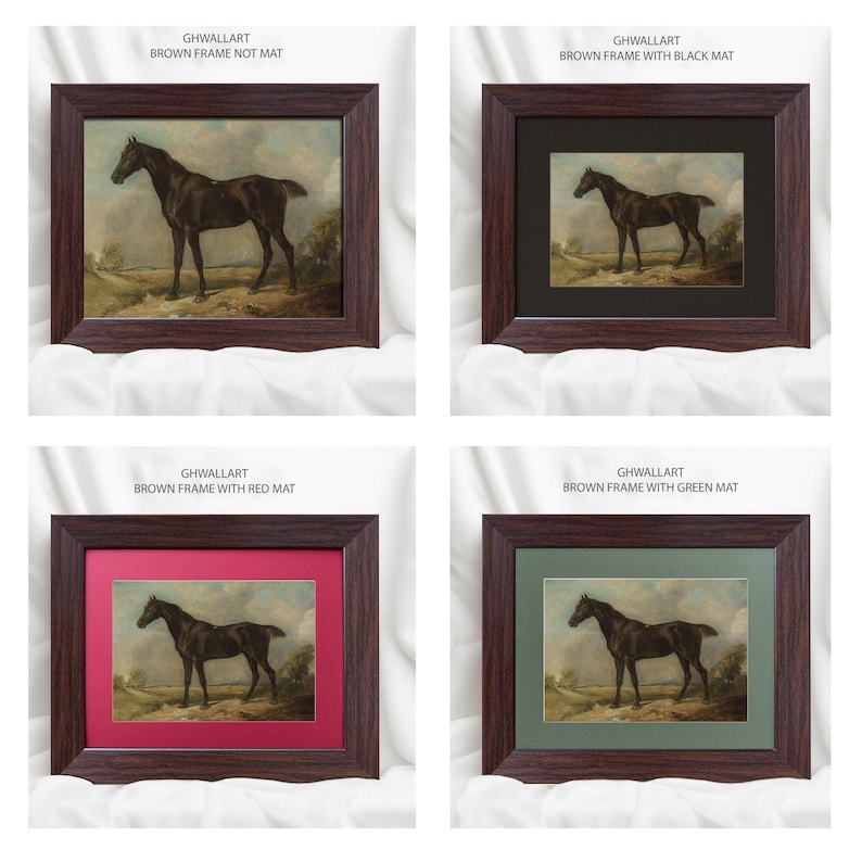 May include: Four framed horse art prints. Each print features a dark horse in a landscape setting. The frames are brown, with options including no mat, black mat, red mat, and green mat. The text "GHWALLART" is visible on each frame.