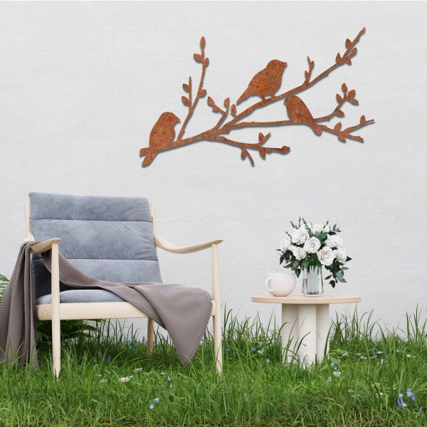 Rusty Metal Birds on a branch, Unique Garden gift, Song bird Metal Garden decor, Metal Garden Art, Rusted Metal Birds gift, Metal Wall Art