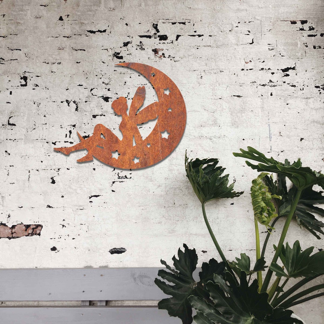 Metal Fairy on Moon Wall Art, Fairy Wall Decor, Rusted Metal Wall Decor ...