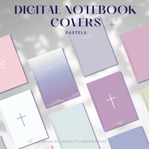 May include: A collection of pastel colored digital notebook covers with various designs, including a heart, a cross, and a gradient sky. The text "JOURNAL" appears on several of the covers. The text "MADE BY YOURLITTLEBOOKSPACE" appears at the bottom of the image.