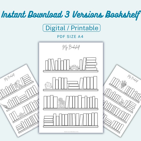 Instant Download 3 Version Bookshelf Templates, PDF Size A4, Digital/Printable Bookshelf, Book Tracker, Reading Log, Books I've Read.