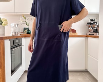 Camisón de algodón orgánico para hombre, poncho para dormir azul marino