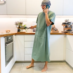 Light green mens nightshirt, organic cotton sleepwear and loungewear, minimalist sustainable gift for men
