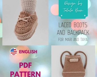 Doll Laced Boots and Backpack (Crochet Pattern PDF): Doll Wardrobe, Clothes for Mari and Taya