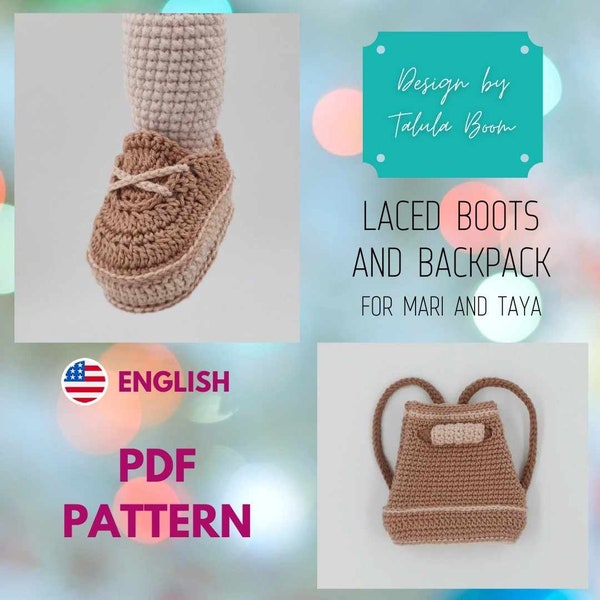 Bottes à lacets et sac à dos pour poupée (modèle au crochet PDF) : garde-robe de poupée, vêtements pour Mari et Taya