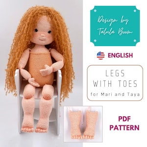 May include: A handmade crochet doll with long red hair, seated on a small white chair. The doll is peach-colored, with detailed facial features. The image includes a separate pair of crochet doll legs with toes. Text on the image reads "LEGS WITH TOES for Mari and Taya".