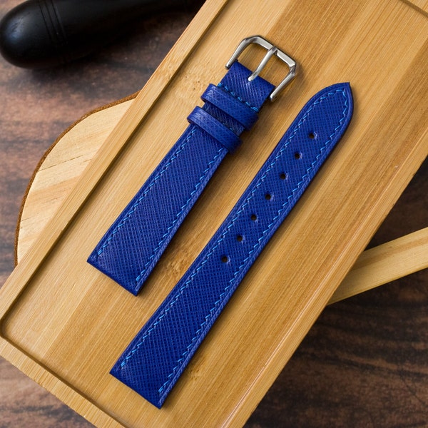 Blue Saffiano Leather Cartier Watch Strap Band for Tank, Ronde & Divan 16mm 19mm 21mm 23mm 24mm 25mm 26mm 29mm