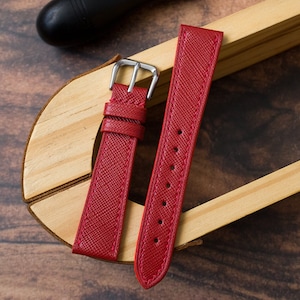 Saffiano Red Leather Watch Strap Band. Handmade Leather Watch Straps 24mm 22mm 21mm 20mm 19mm 18mm 16mm