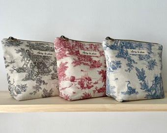 Trousse de toilette / Pochette en Toile de Jouy - 2 formats - 3 coloris