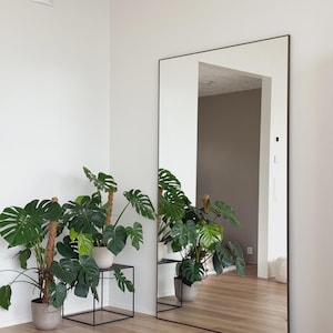Könnte beinhalten: Ein großer, rechteckiger Spiegel mit dunklem Rahmen steht an einer weißen Wand. Eine Monstera-Pflanze steht auf einem schwarzen Metall-Beistelltisch. Der Raum hat hellen Holzboden. Der Spiegel reflektiert den Raum.