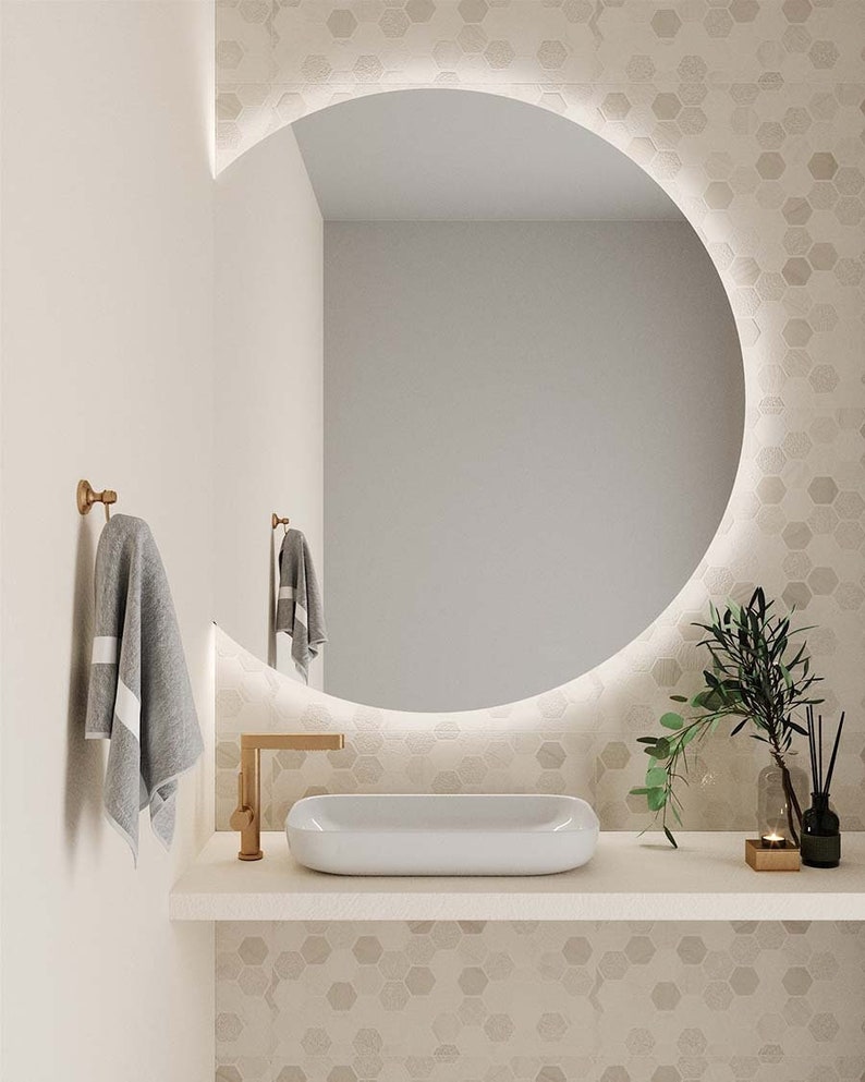 Semicircle Bathroom Mirror with LED, Round Led Light Mirror, Large Led Half Circle Mirror, Led Lighted Bathroom Décor, Radius Mirror image 1