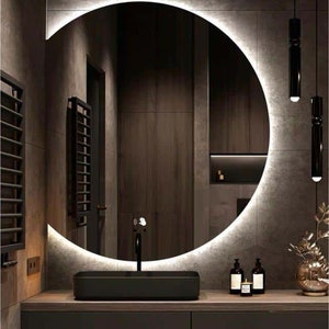 Espejo de baño semicírculo con LED, espejo de luz LED redondo, espejo de medio círculo LED grande, decoración de baño con iluminación LED, espejo de radio imagen 4