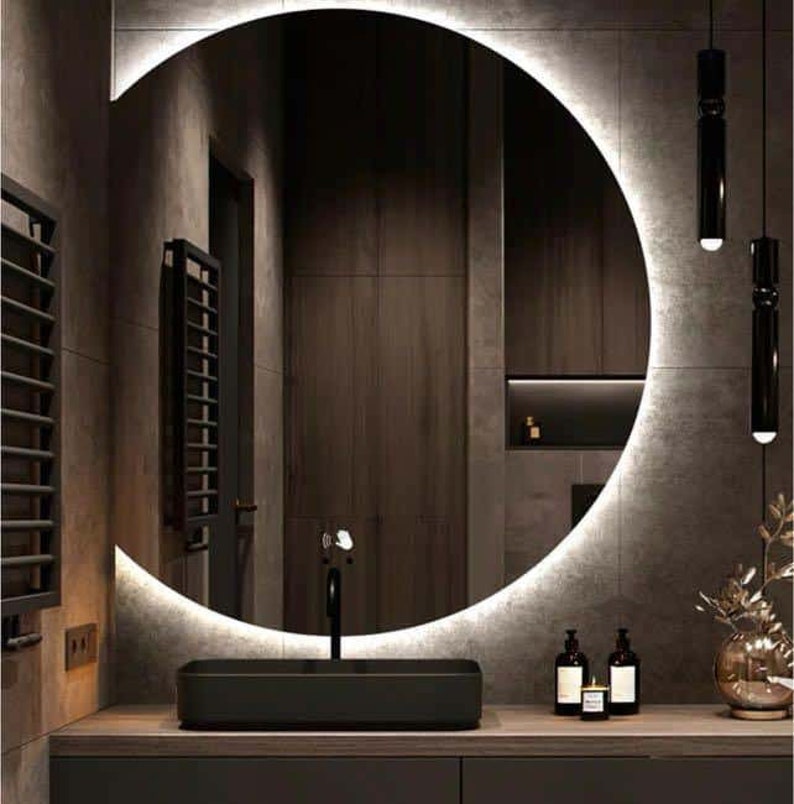 Semicircle Bathroom Mirror With LED Light, Round Led Light Mirror