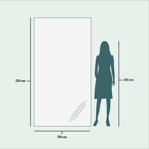 May include: A full-length mirror, 210 cm tall and 110 cm wide, is depicted next to a silhouette of a person, 165 cm tall. The mirror has a simple, rectangular design with a slight angle at the bottom.