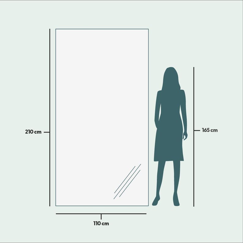 May include: A full-length mirror, 210 cm tall and 110 cm wide, is depicted next to a silhouette of a person, 165 cm tall. The mirror has a simple, rectangular design with a slight angle at the bottom.
