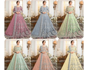 Wedding wear, mehendi dress, indian clothing, anarkali gown, heavily embroidered, bridesmaids dress, net based outfit, bridal collection