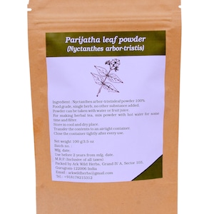 May include: A brown paper bag of Parijatha leaf powder (Nyctanthes arbor-tristis). The label provides product details, including ingredients and instructions. Net weight is 100g. The bag is sealed, ready for use. Ideal for herbal tea.
