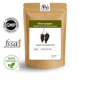 May include: A brown pouch with a green label displaying the text "Ghost pepper (Capsicum chinense Jacq)" and two dried peppers. The label also states "Ingredient: Ghost pepper 100%" and includes a logo and the text "100% NATURAL".
