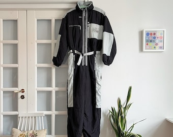 Macacão de esqui vintage preto e prata, modelo anos 80, macacão retrô para esportes de inverno, macacão de neve retrô feminino, tamanho M