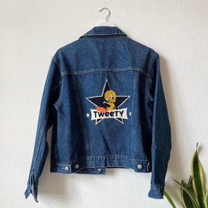 Chaqueta vaquera vintage de los 90 con el pájaro "Tweety" bordado de los Loony Tunes, talla grande, chaqueta vaquera estilo camionero con botones de Warner Bros. Cartoon Network.