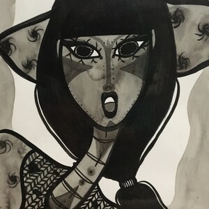 Intuitive laminated drawings, imaginary portraits, Lucky Art, protection, India ink and water